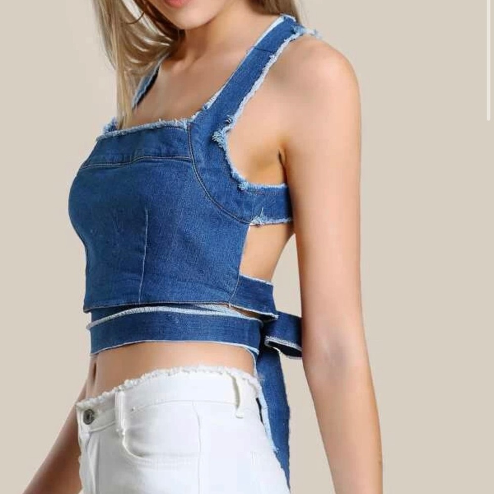 Denim Cropped Tank Top Medium Blue Chambray Criss Cross Back Tie Sexy Tie Boho